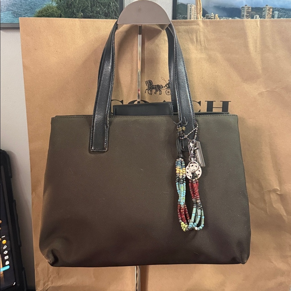 Coach Mercer Olive Green and Black Tote Satchel with Bead Charm